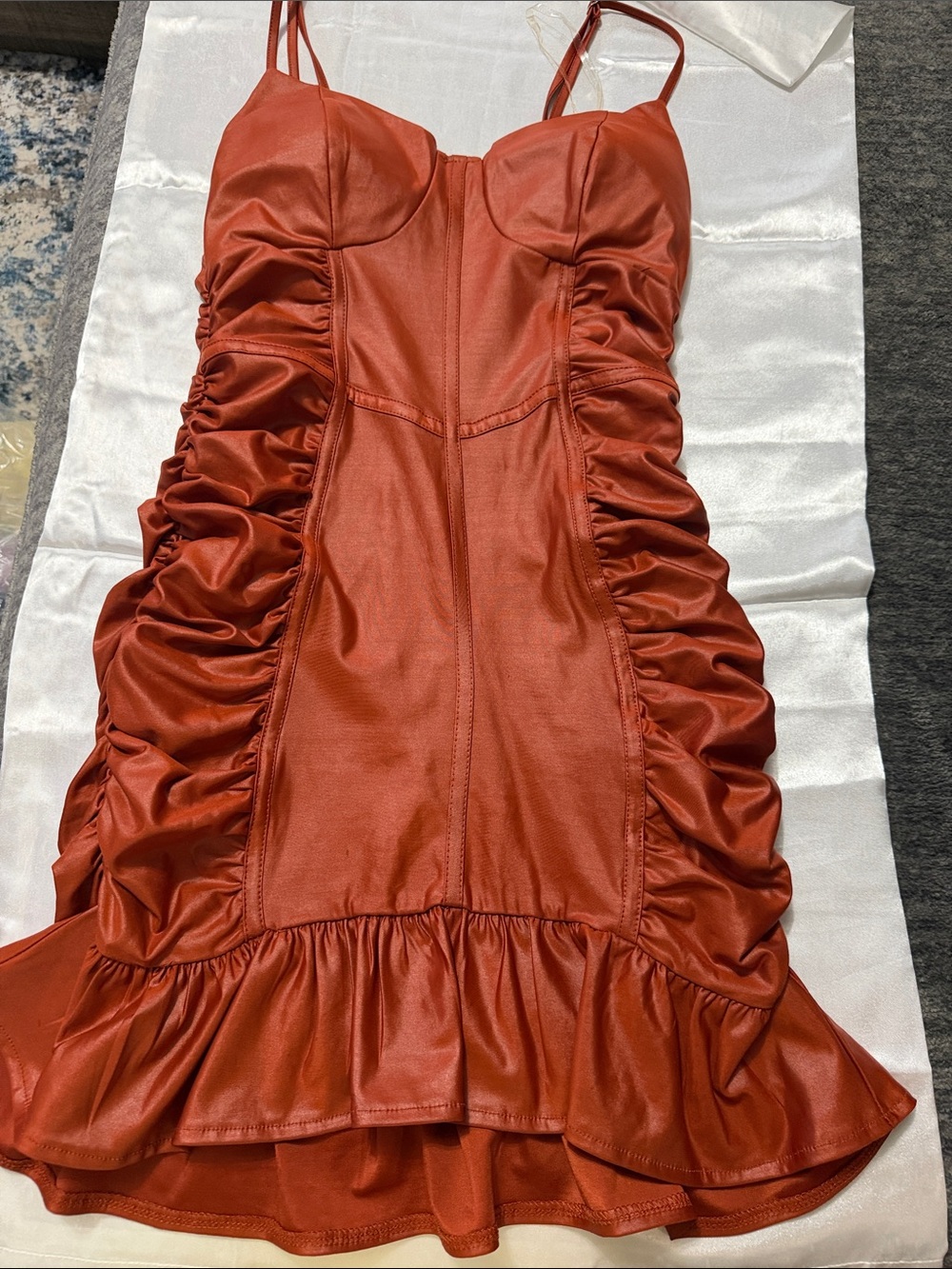 SHEIN Rust Red Ruched Satin Mini Dress